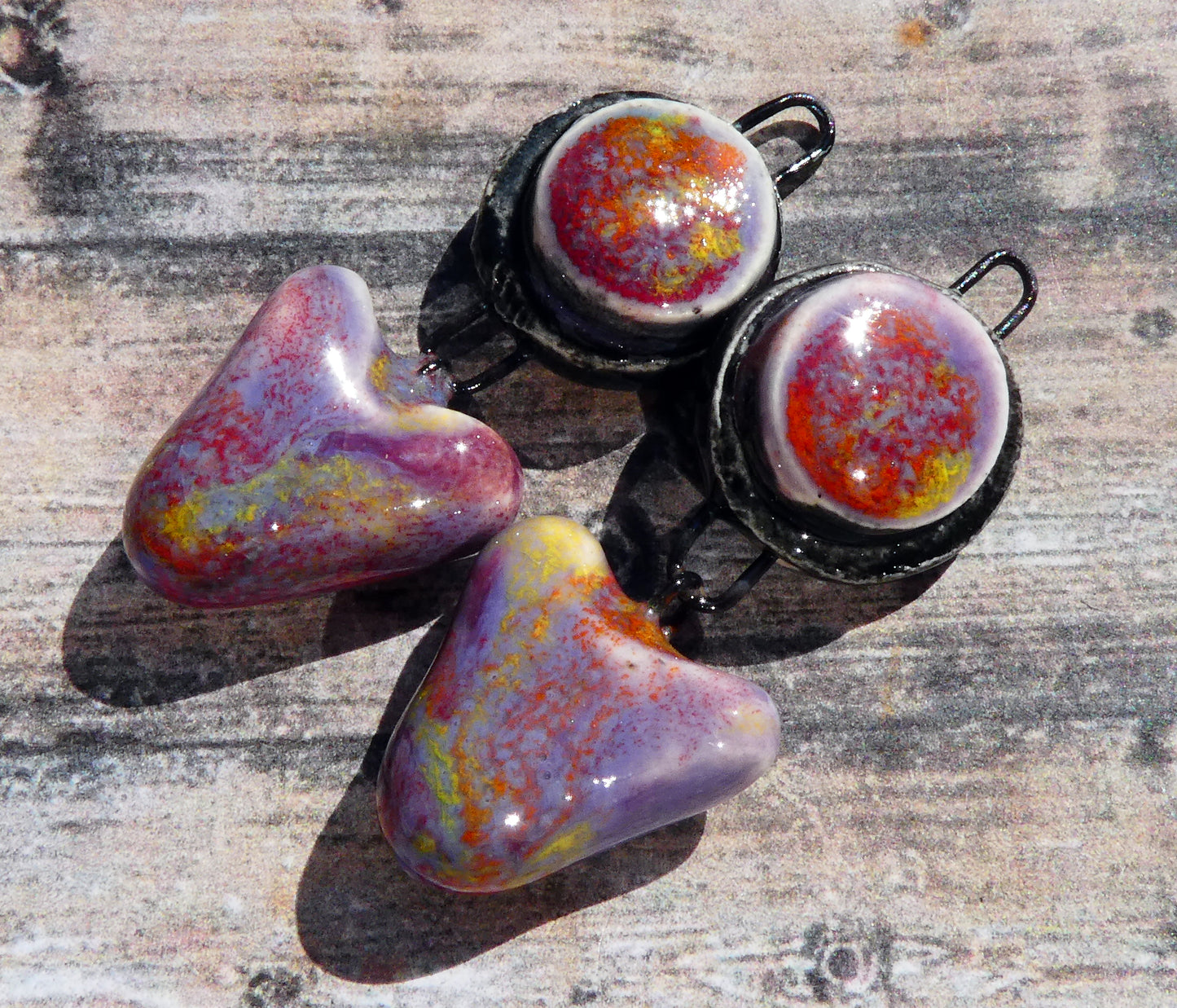 Ceramic Moulded Disc and Heart Dangles - Floral Fantasy
