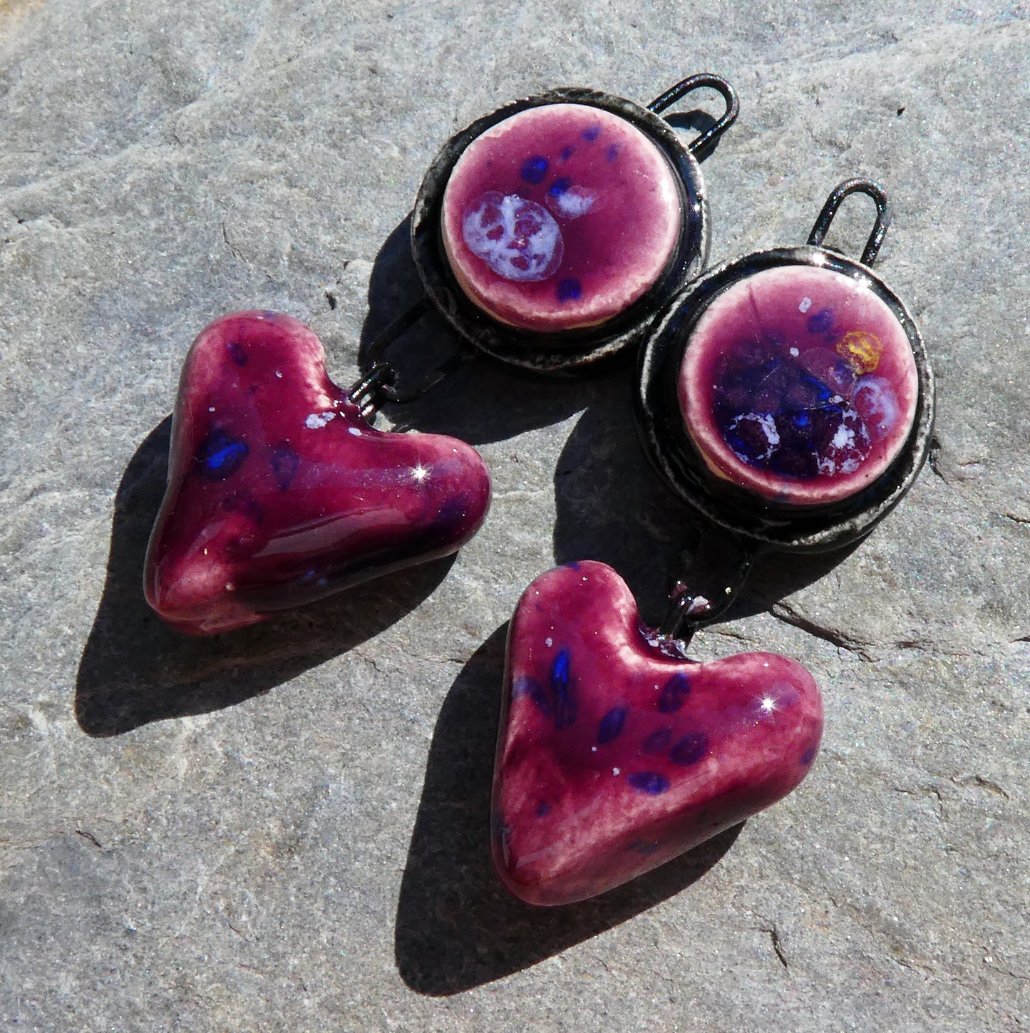 Ceramic Moulded Disc and Heart Dangles - Plum Jelly