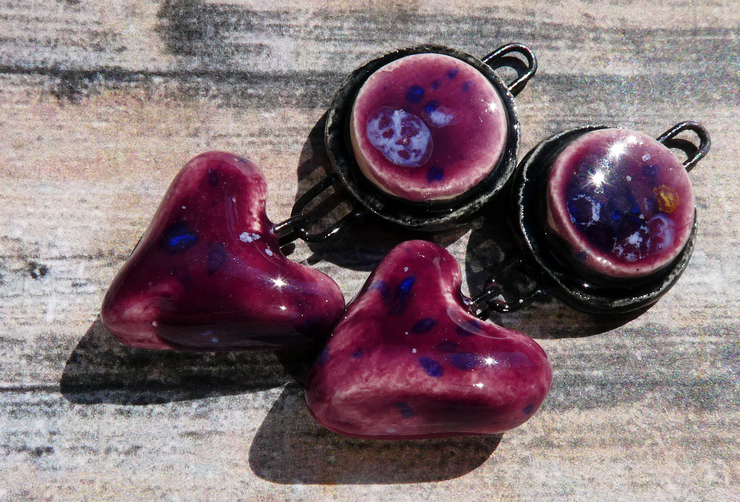 Ceramic Moulded Disc and Heart Dangles - Plum Jelly