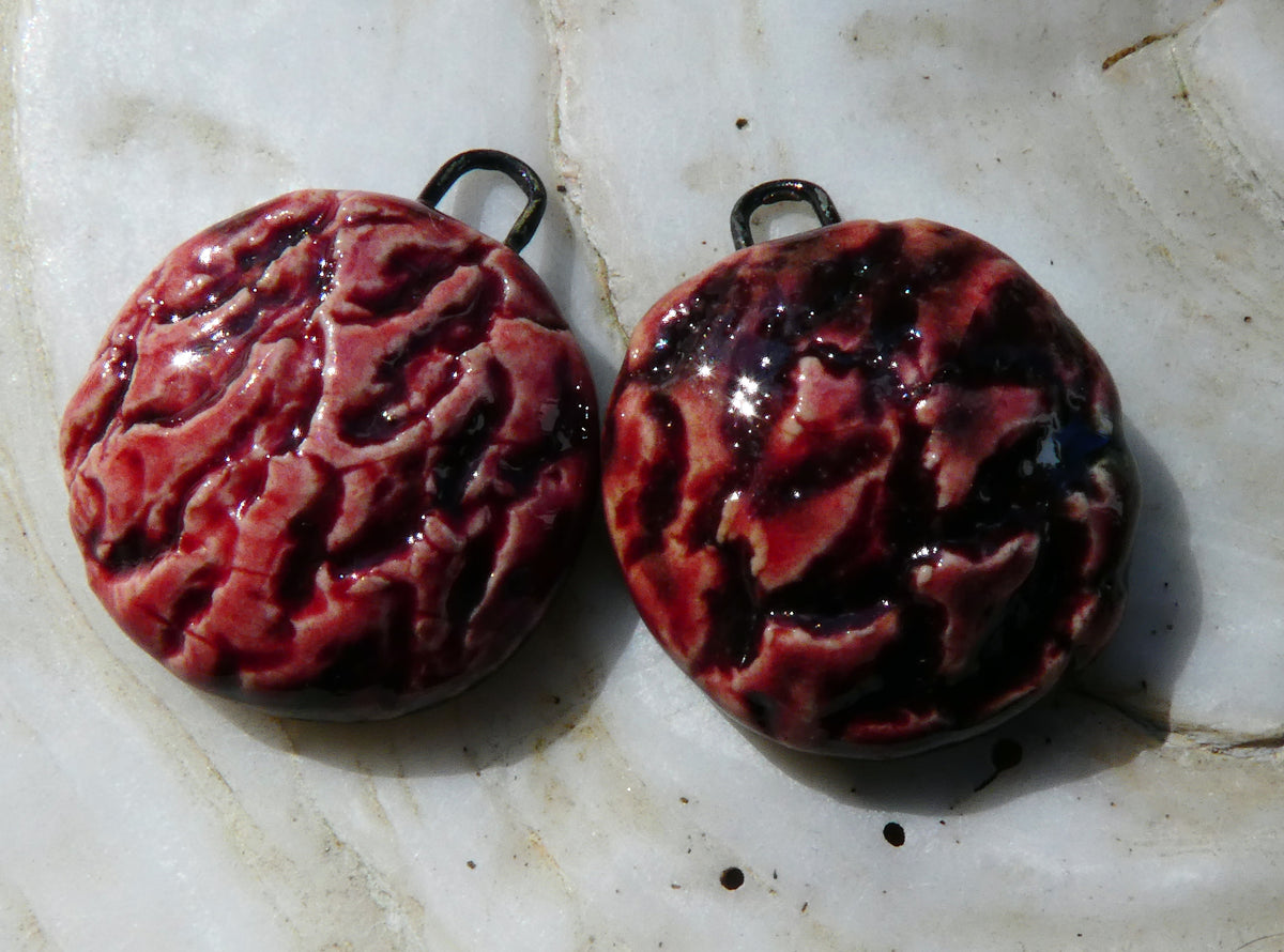 Ceramic Pine Cone Textured Disc Charms - Somerset Scarlet