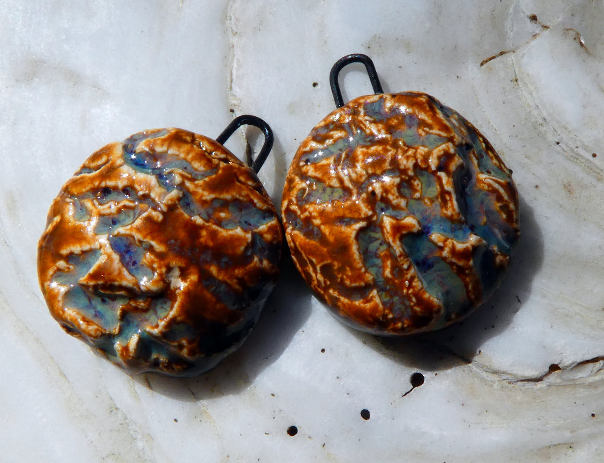Ceramic Pine Cone Textured Disc Charms - Amber Ash