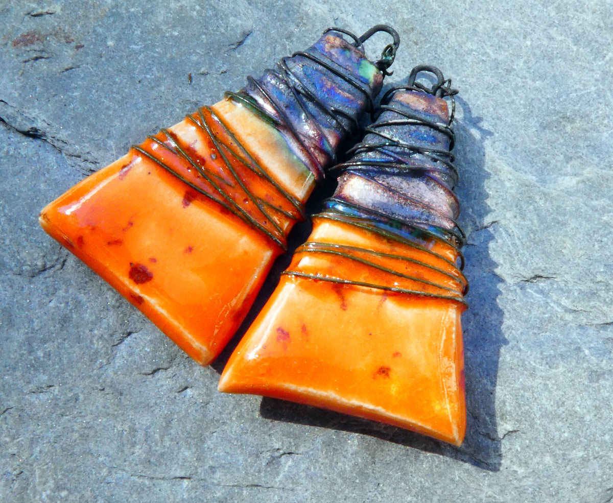 Ceramic Wire Wrapped Wedge Charms -Wildfire