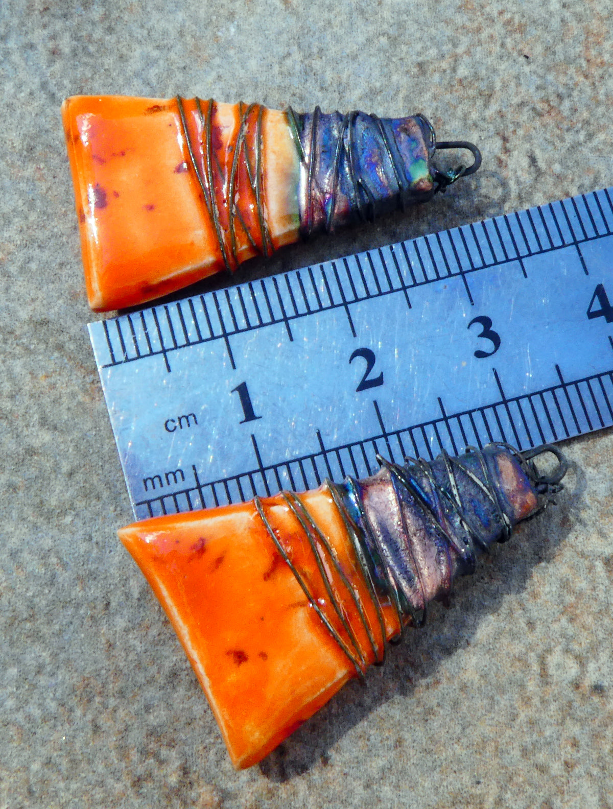 Ceramic Wire Wrapped Wedge Charms -Wildfire