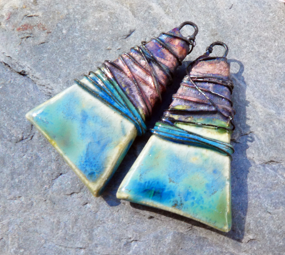 Ceramic Wire Wrapped Wedge Charms -Blue Azure