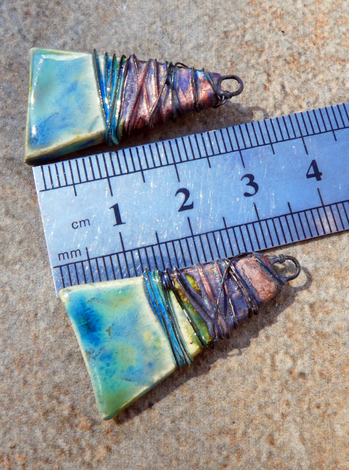 Ceramic Wire Wrapped Wedge Charms -Blue Azure