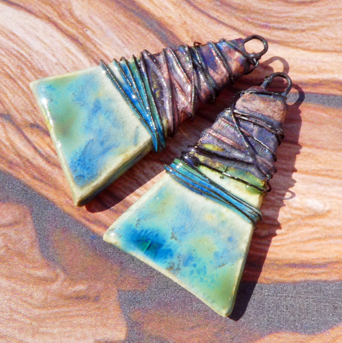 Ceramic Wire Wrapped Wedge Charms -Blue Azure