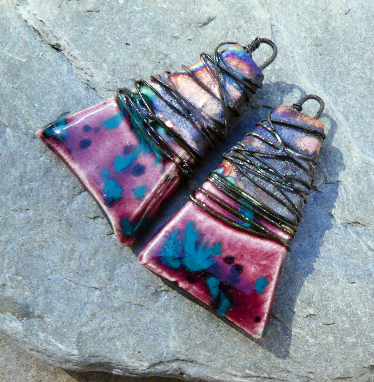Ceramic Wire Wrapped Wedge Charms -Peppered Raspberry