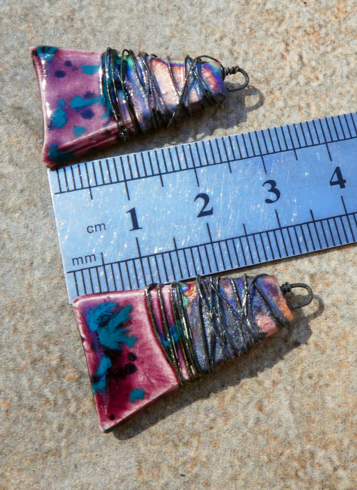 Ceramic Wire Wrapped Wedge Charms -Peppered Raspberry