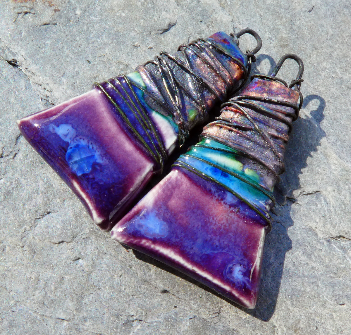 Ceramic Wire Wrapped Wedge Charms -Royal Fantasy