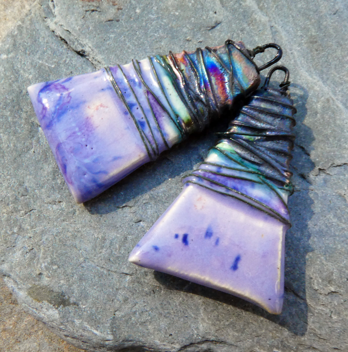 Ceramic Wire Wrapped Wedge Charms -Purple Reign
