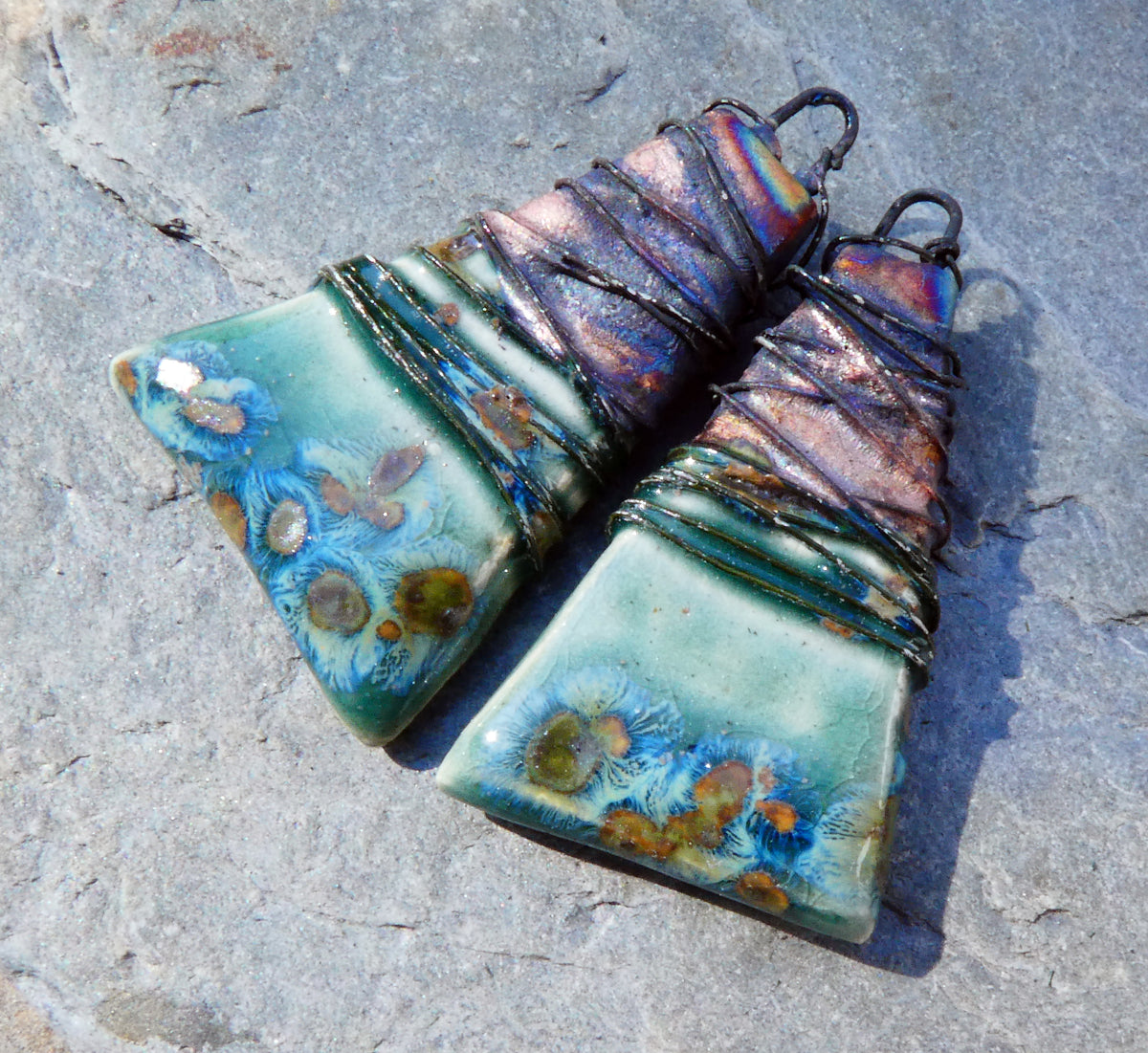 Ceramic Wire Wrapped Wedge Charms -Mystic Jade