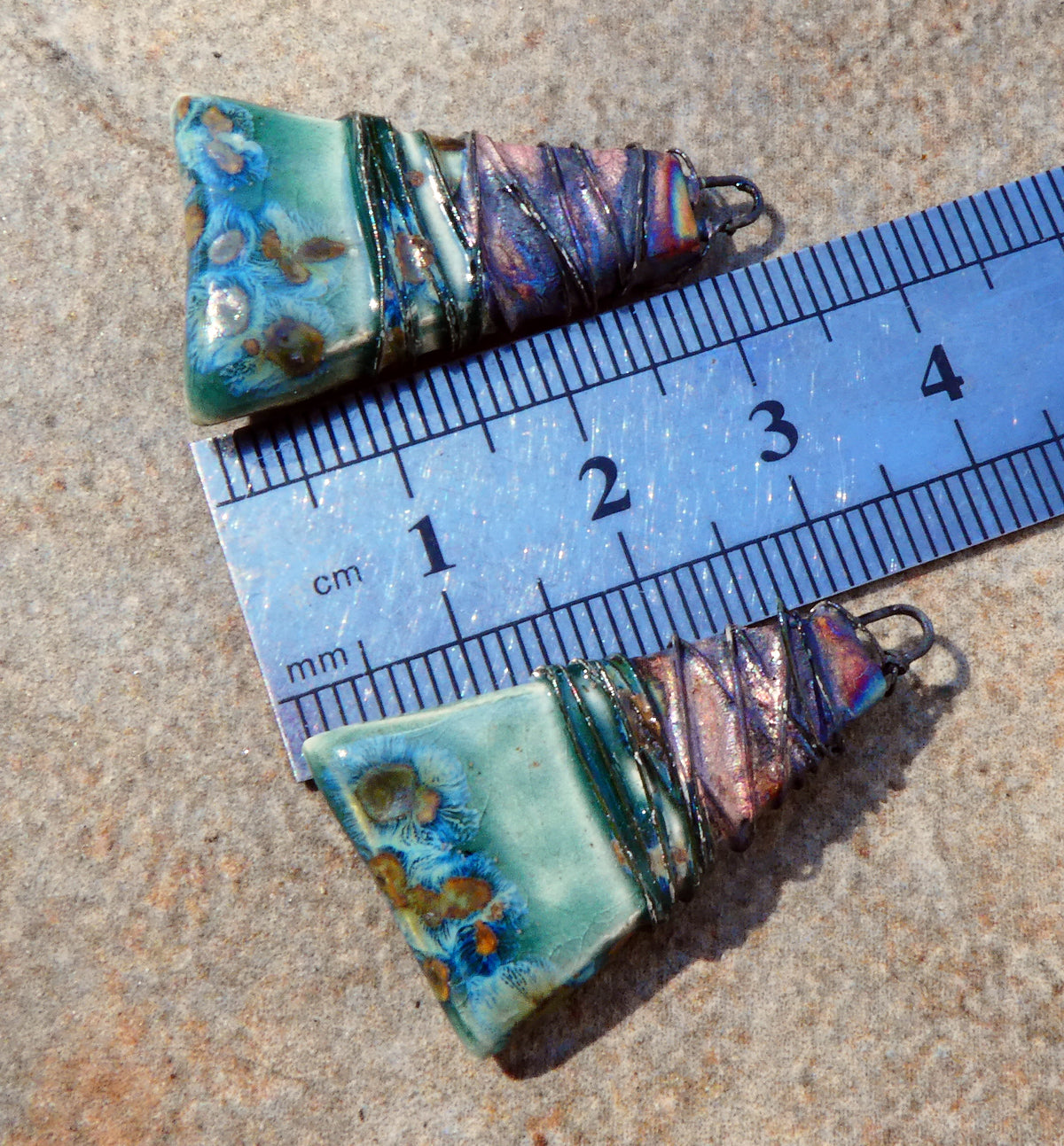 Ceramic Wire Wrapped Wedge Charms -Mystic Jade