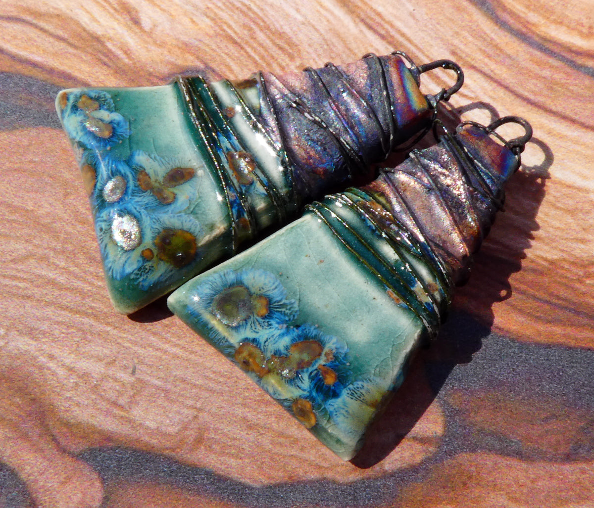 Ceramic Wire Wrapped Wedge Charms -Mystic Jade