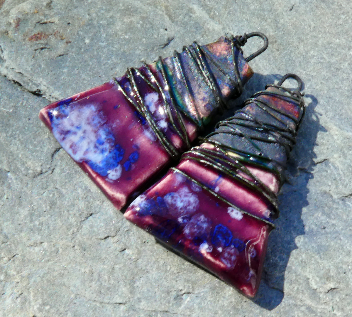 Ceramic Wire Wrapped Wedge Charms -Plum Jelly