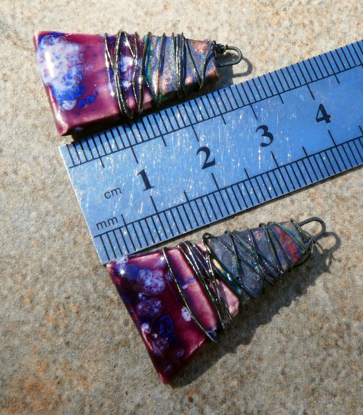 Ceramic Wire Wrapped Wedge Charms -Plum Jelly