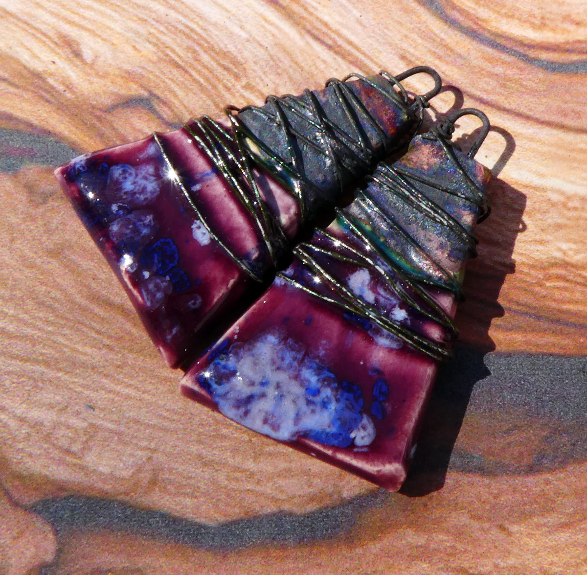 Ceramic Wire Wrapped Wedge Charms -Plum Jelly