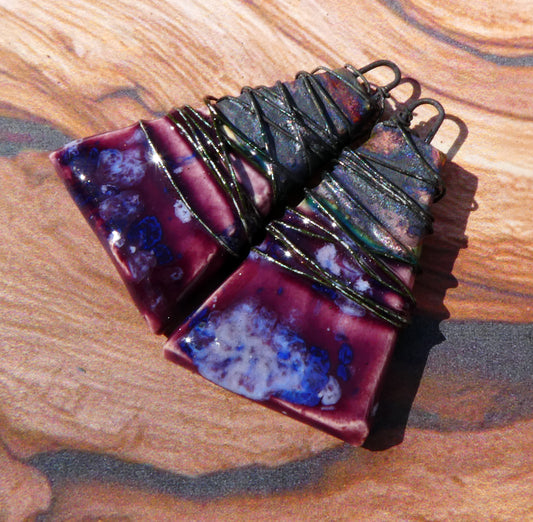 Ceramic Wire Wrapped Wedge Charms -Plum Jelly