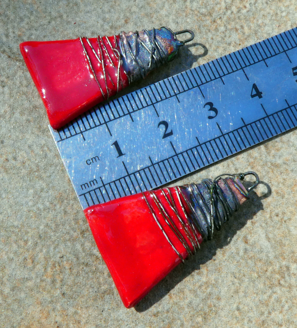 Ceramic Wire Wrapped Wedge Charms -Red
