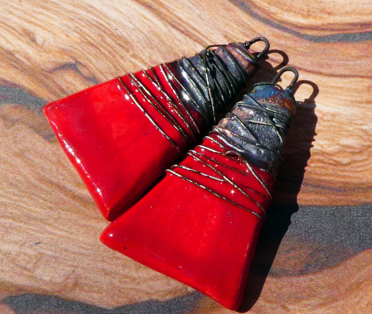 Ceramic Wire Wrapped Wedge Charms -Red