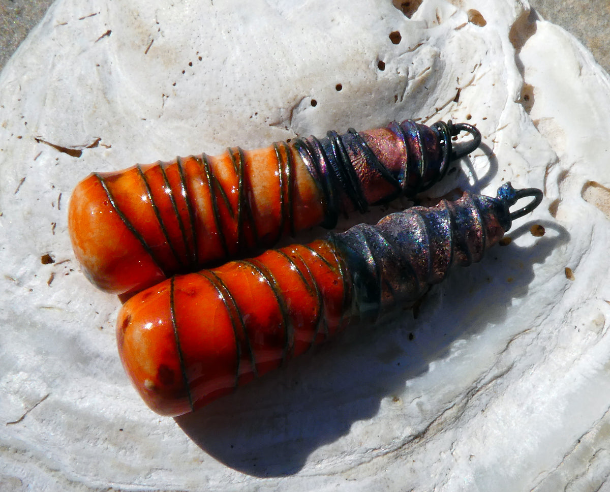 Ceramic Wire Wrapped Baton Charms -Wildfire