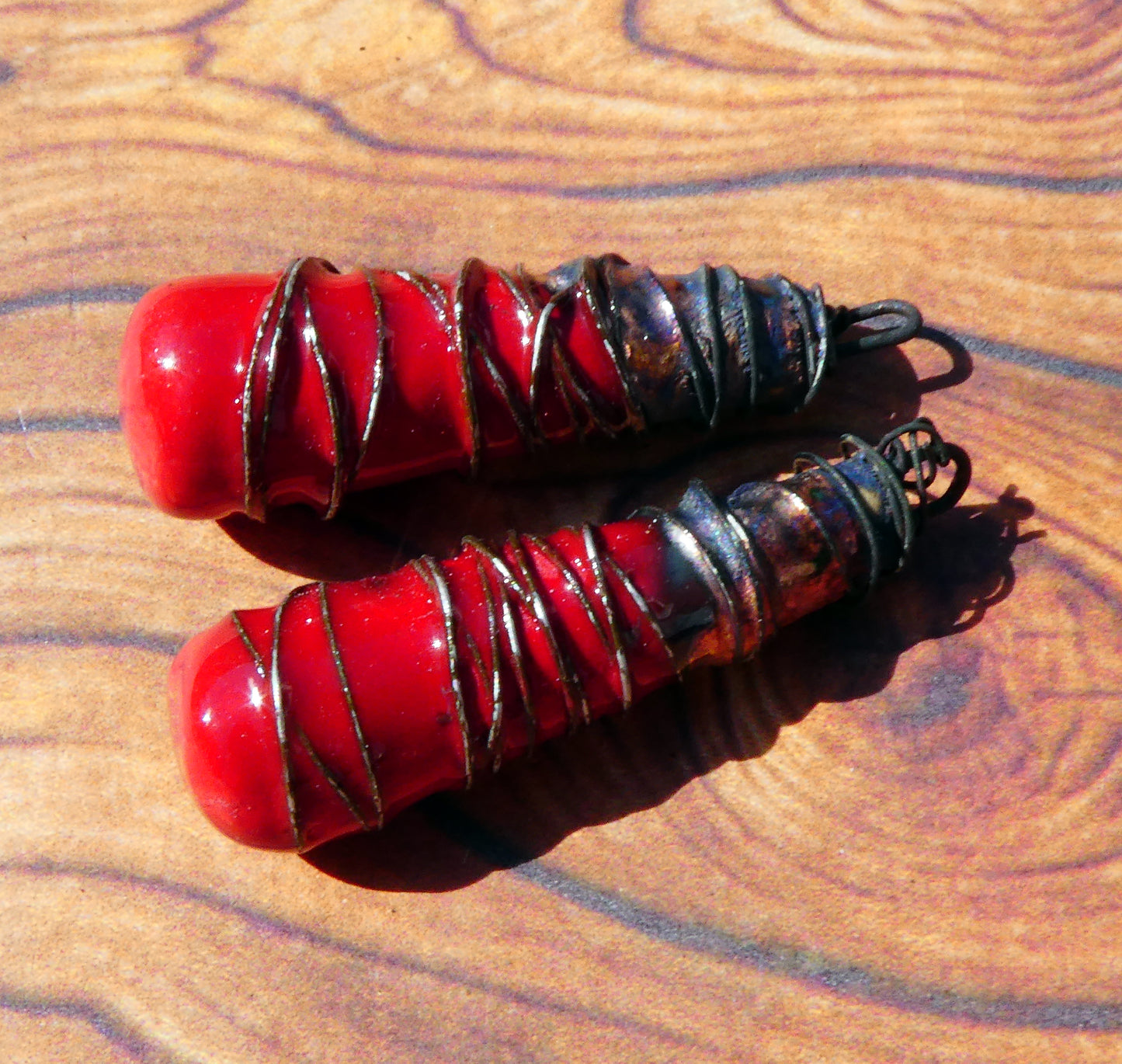 Ceramic Wire Wrapped Baton Charms -Red