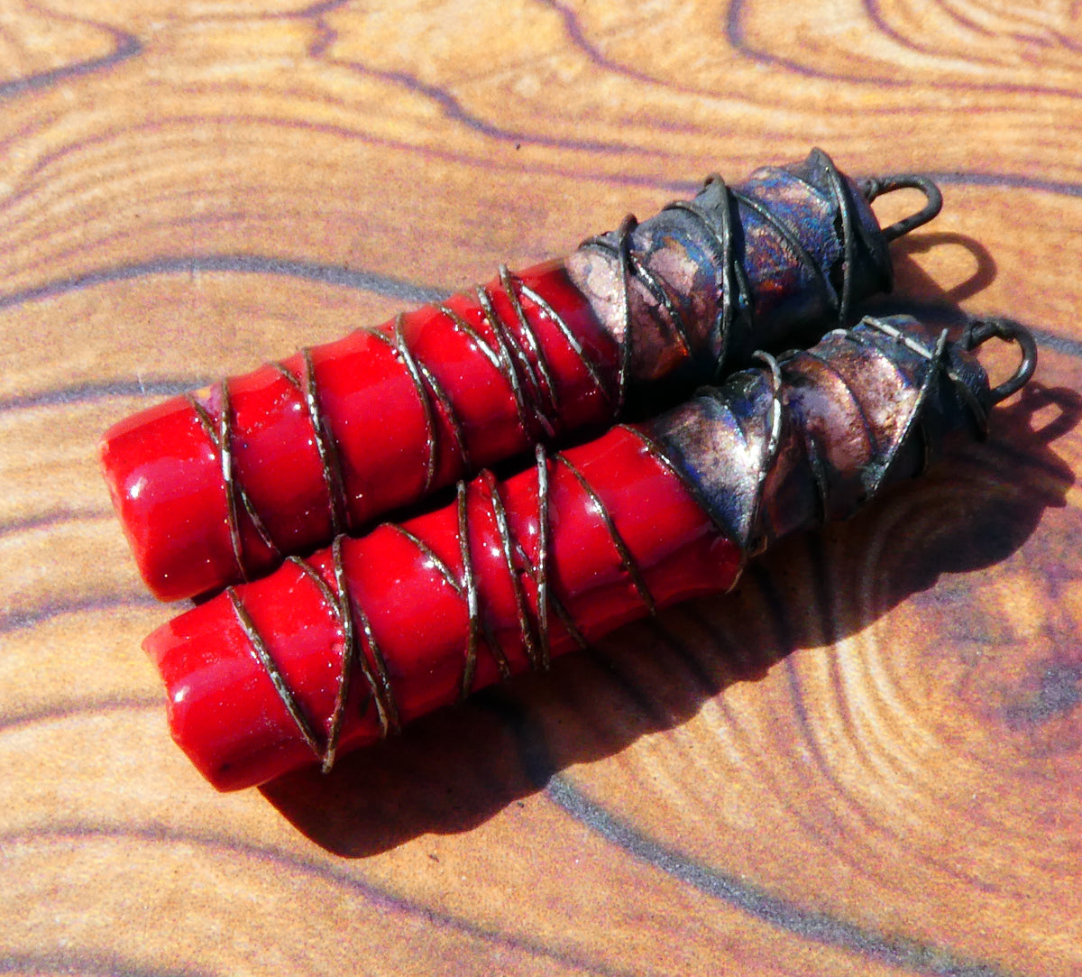 Ceramic Wire Wrapped Stick Charms - Red