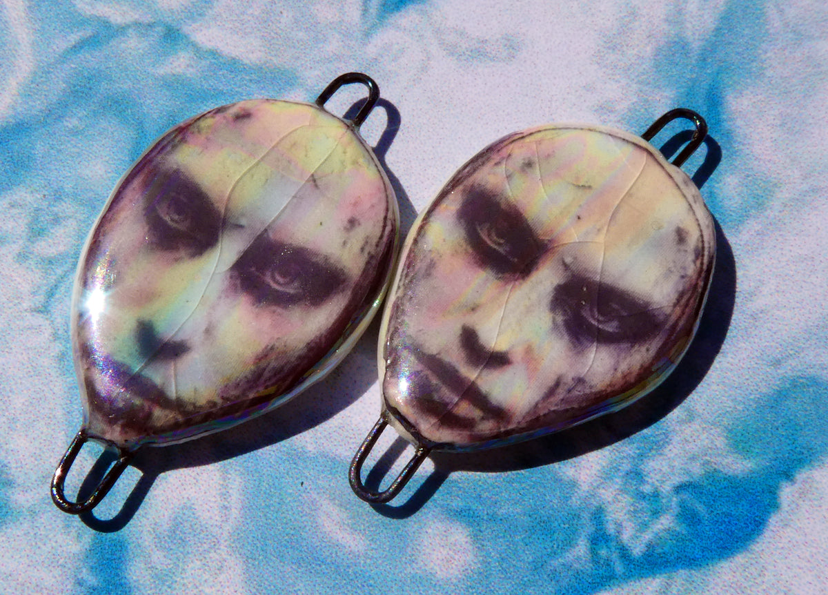 Porcelain Lustrous Ghostly Face Decal Earring Connectors #3