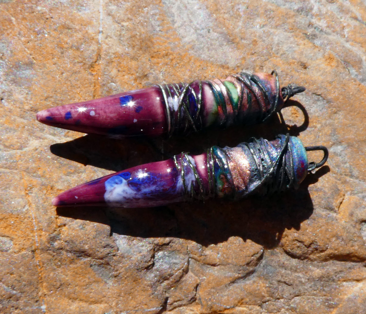 Ceramic Wire Wrapped Pointy Stick Charms -Plum Jelly