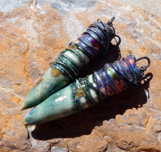 Ceramic Wire Wrapped Pointy Stick Charms -Mystic Jade