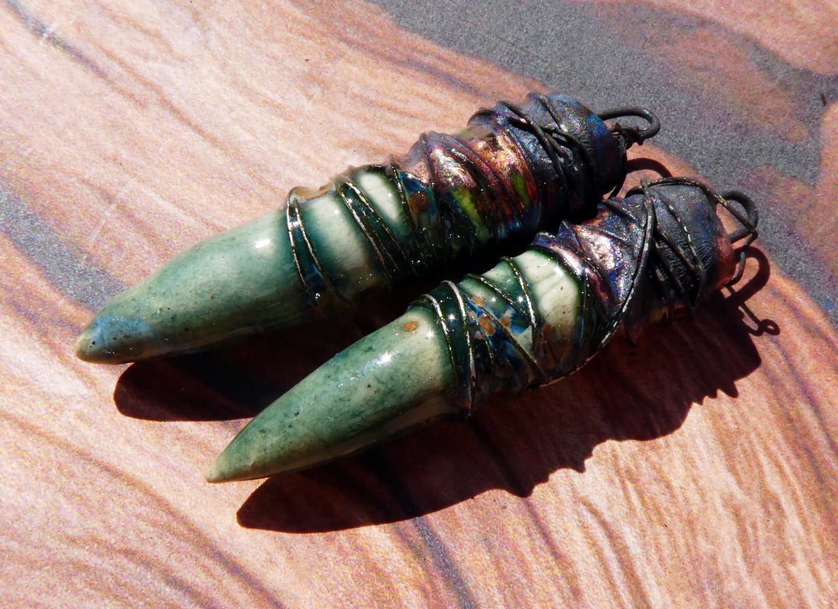Ceramic Wire Wrapped Pointy Stick Charms -Mystic Jade