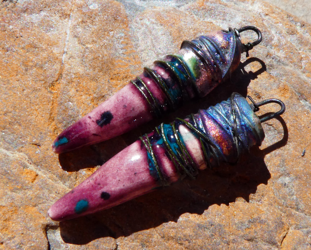 Ceramic Wire Wrapped Pointy Stick Charms -Peppered Raspberry