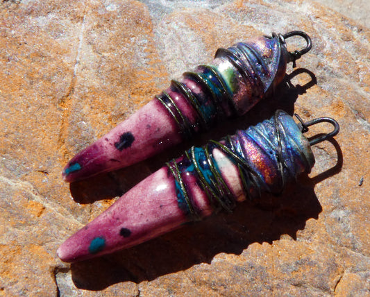 Ceramic Wire Wrapped Pointy Stick Charms -Peppered Raspberry