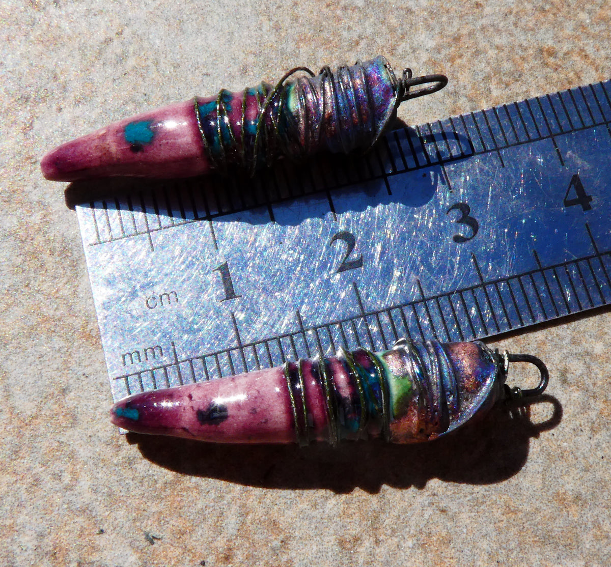 Ceramic Wire Wrapped Pointy Stick Charms -Peppered Raspberry