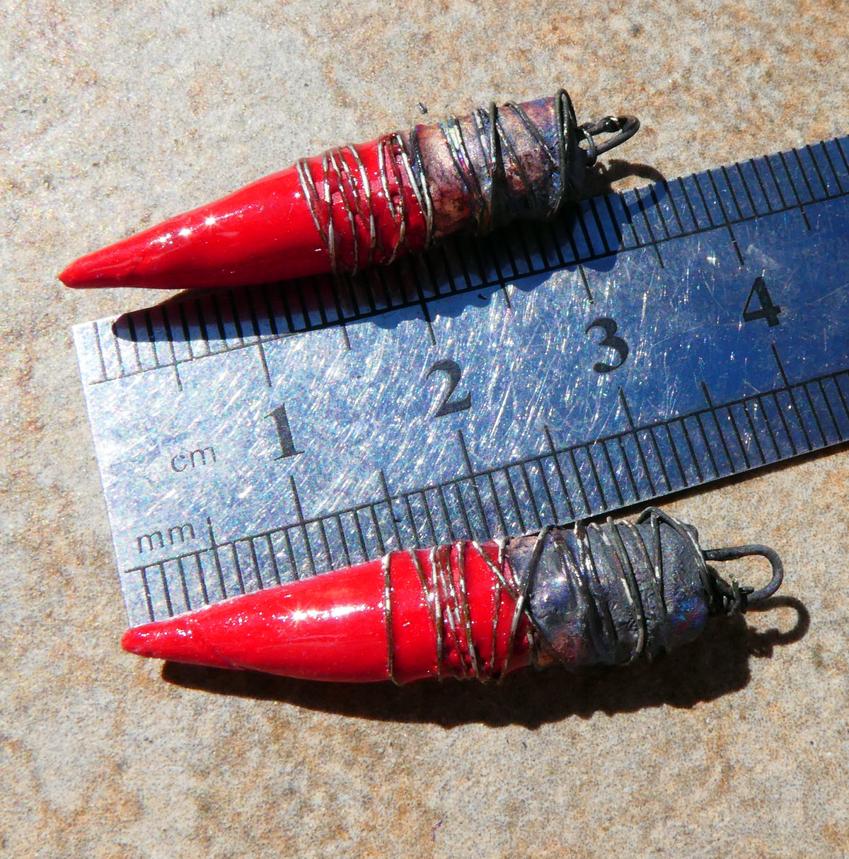 Ceramic Wire Wrapped Pointy Stick Charms -Red