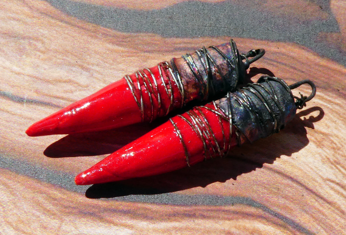 Ceramic Wire Wrapped Pointy Stick Charms -Red