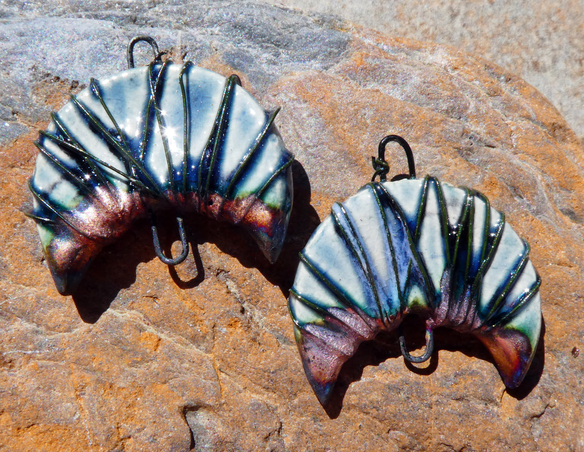 Ceramic Wire Wrapped Crescent Moon Connectors - Waterfall