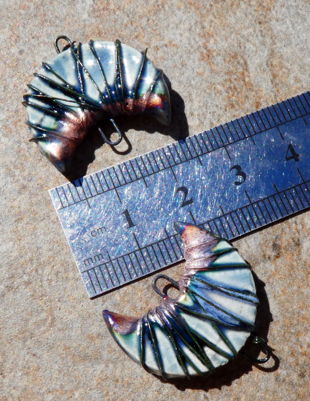 Ceramic Wire Wrapped Crescent Moon Connectors - Waterfall