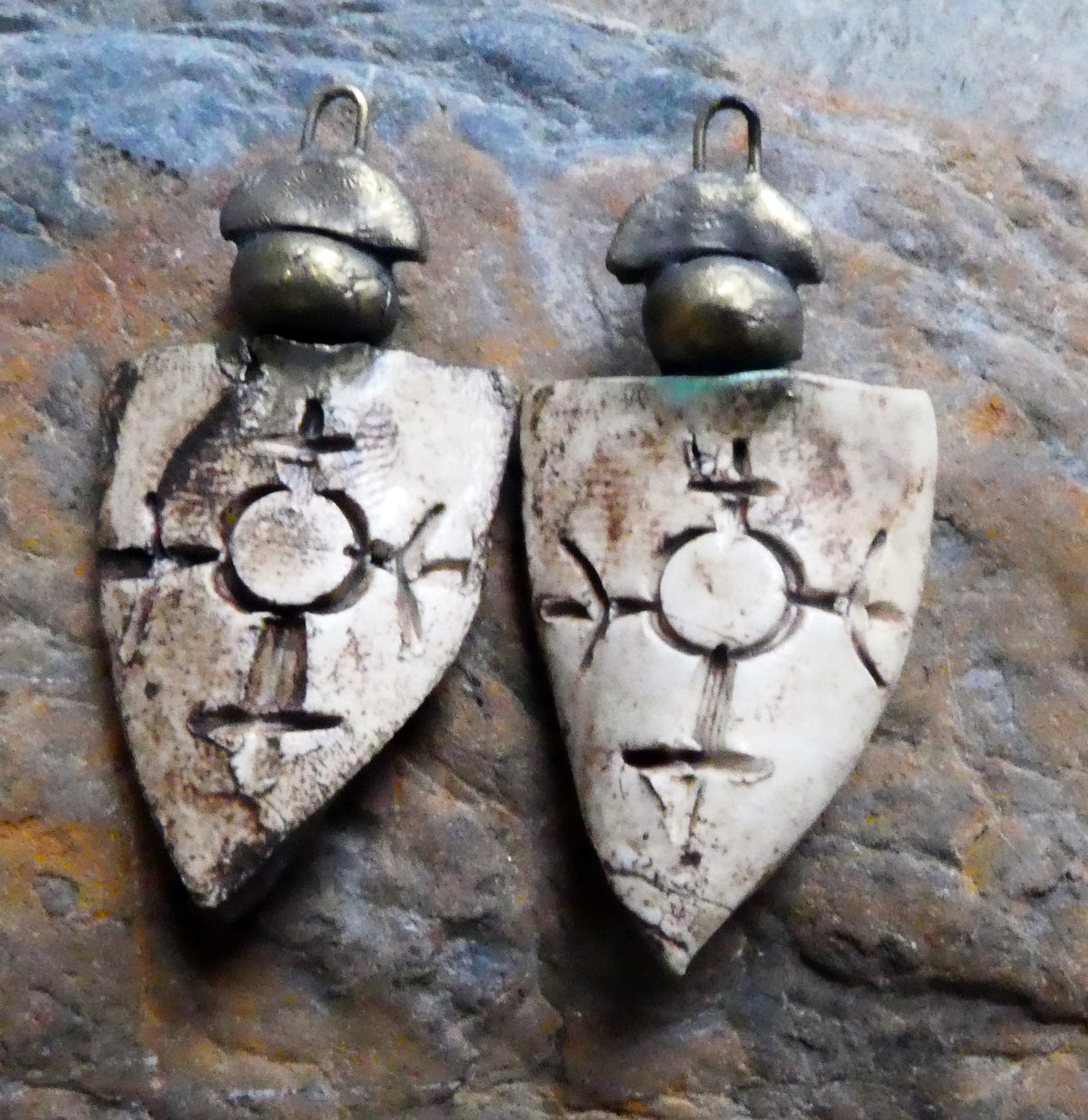 Ceramic Etched Tribal Shield Earring Charms #1