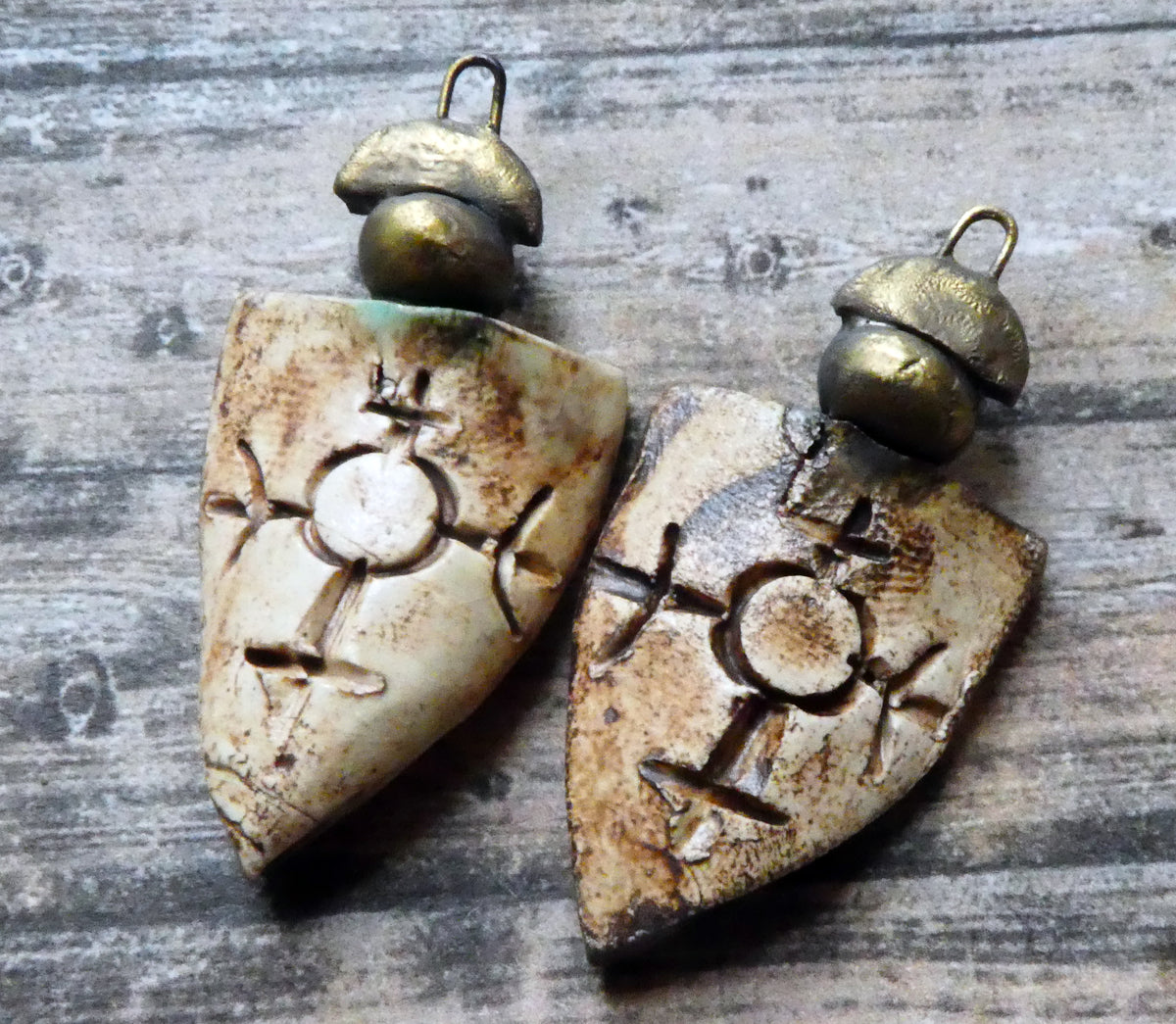 Ceramic Etched Tribal Shield Earring Charms #1