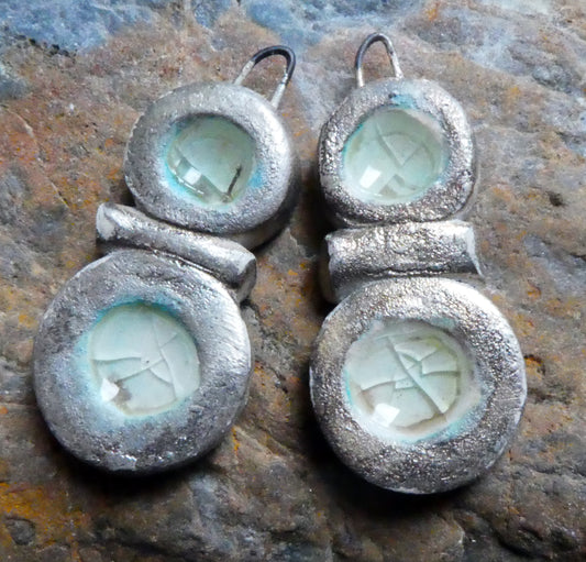 Ceramic and Silver Double Pool Enamel  Drops - Ice Crackle