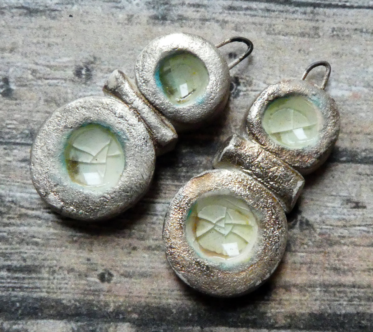 Ceramic and Silver Double Pool Enamel  Drops - Ice Crackle