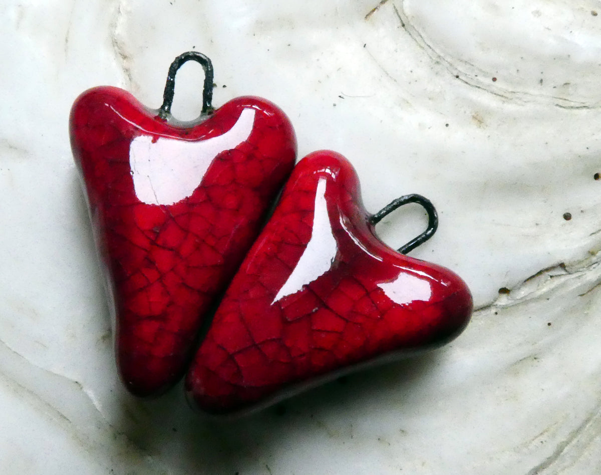 Ceramic Red Crackle Hearts Earring Charms