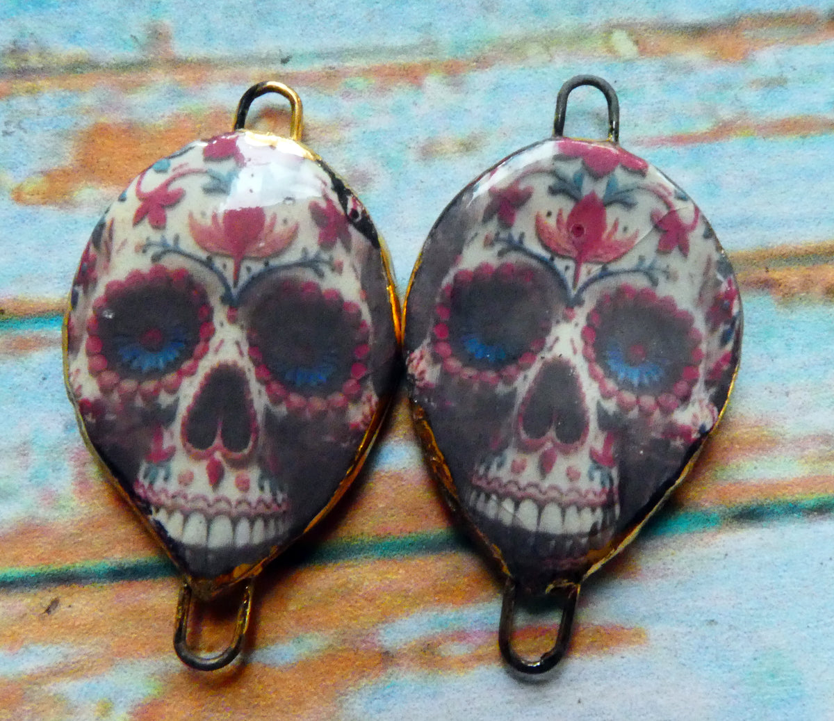 Ceramic Day of the Dead Skull Decal Connectors - #3