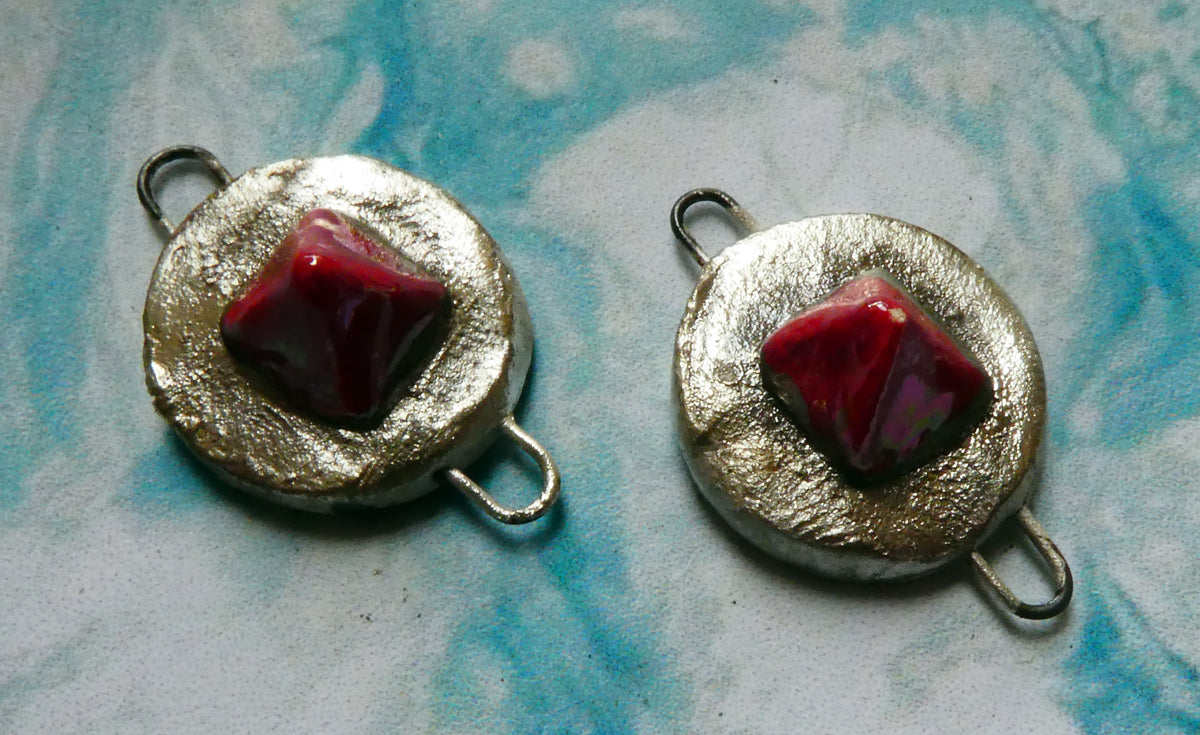 Ceramic Lustrous Silvery Gem Connectors- Red