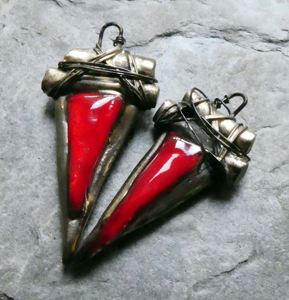 Ceramic Wire Wrapped Dagger Charms - Red
