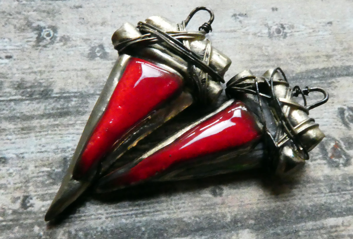 Ceramic Wire Wrapped Dagger Charms - Red