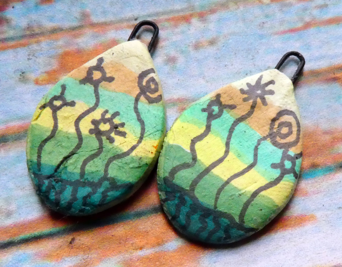 Ceramic Inky Teardrop Earring Charms - Greens