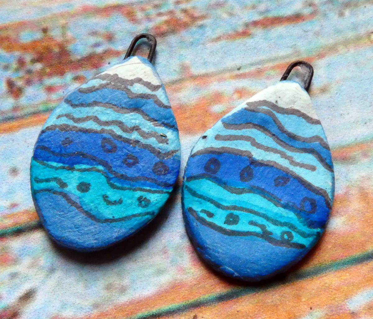 Ceramic Inky Teardrop Earring Charms - Blues
