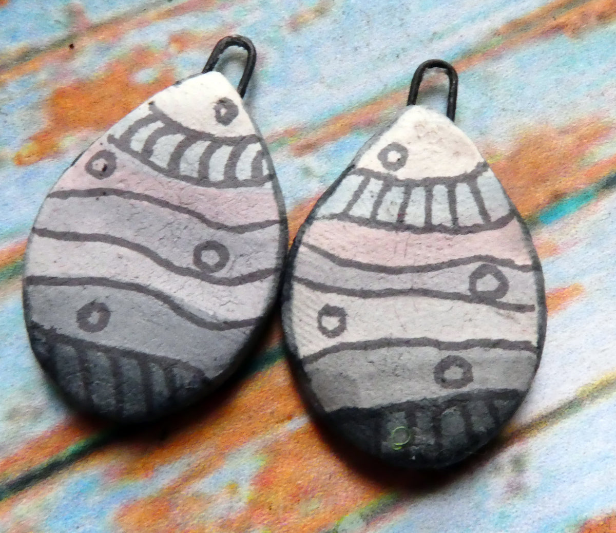 Ceramic Inky Teardrop Earring Charms - Greys