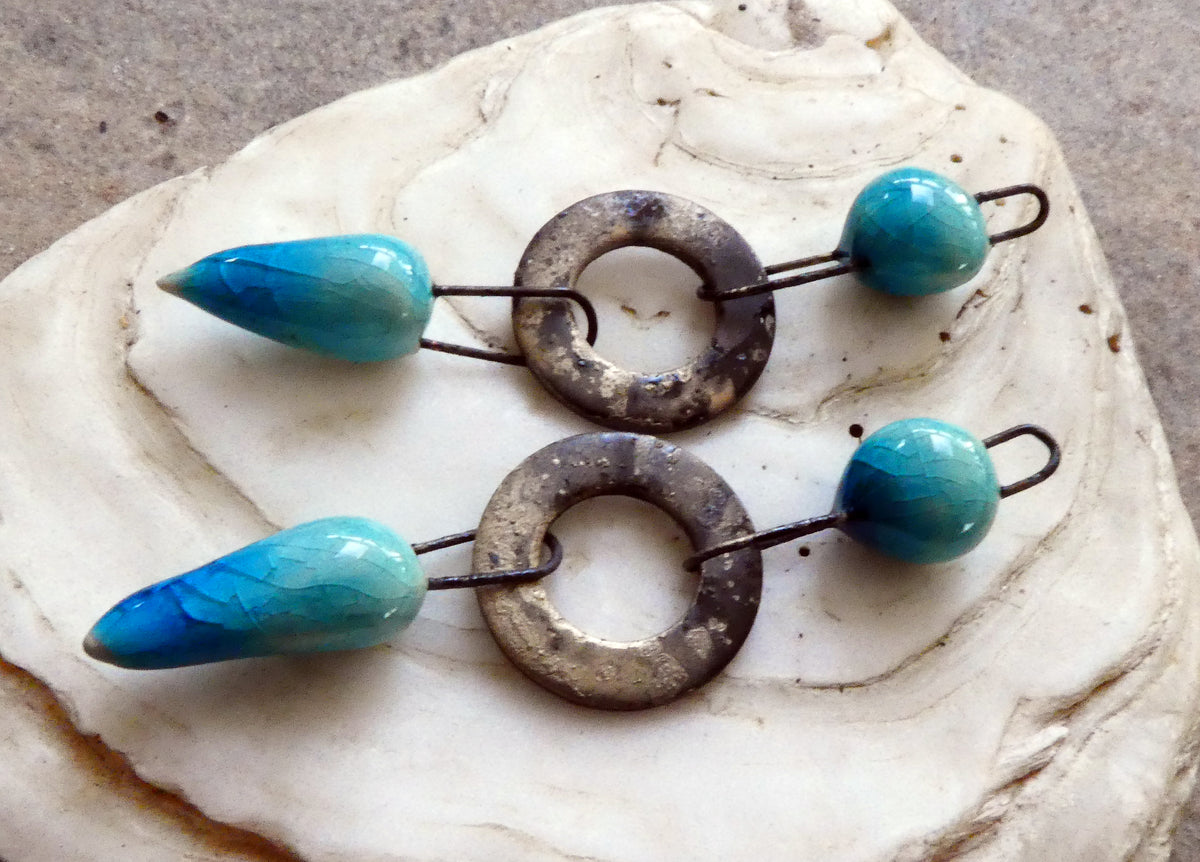 Ceramic Grungy Hoopy Dangles - Taunton Turquoise